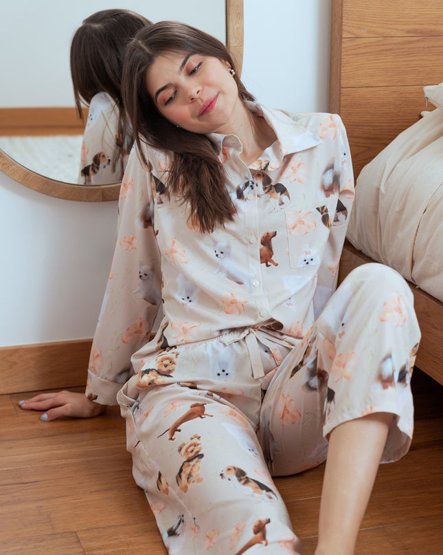 SCHLAFANZUG - LANGE HOSE KLEINE RASSEN BLUMEN