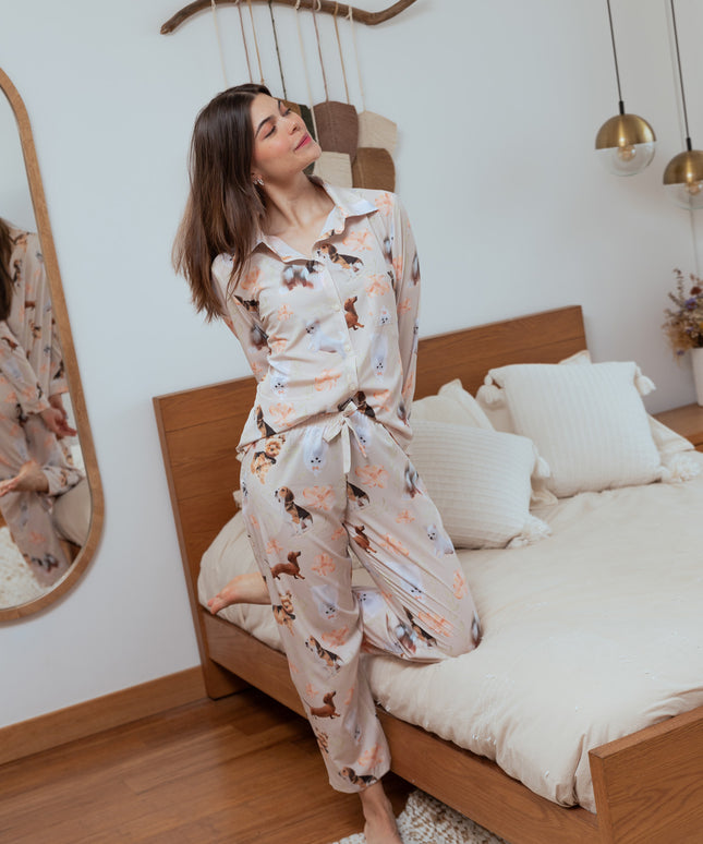 SCHLAFANZUG - LANGE HOSE KLEINE RASSEN BLUMEN